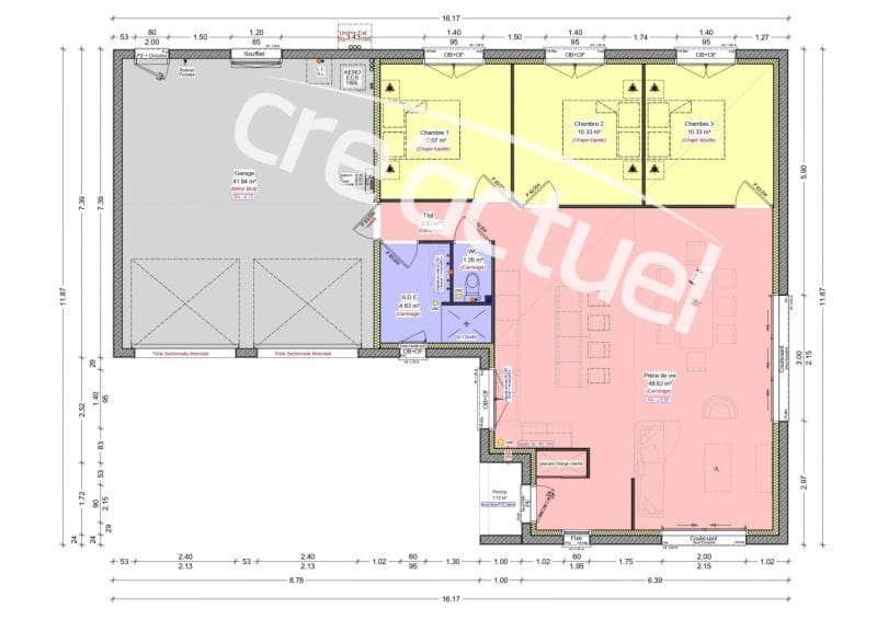 Plan plain pied 3 chambres double garage
