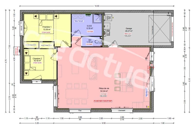 Plan plain pied 2 chambres